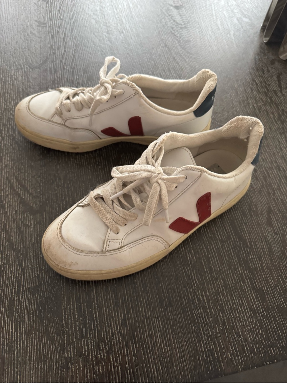 Veja Men's White Leather Sneakers with Red Logo and Navy Heel